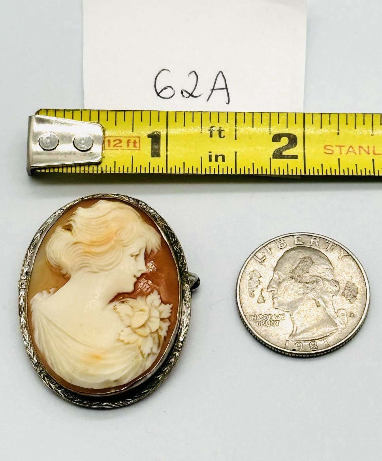 Vtg White Gold Filled Or Silver Tone Shell Lady With Flower Cameo Pin Brooch