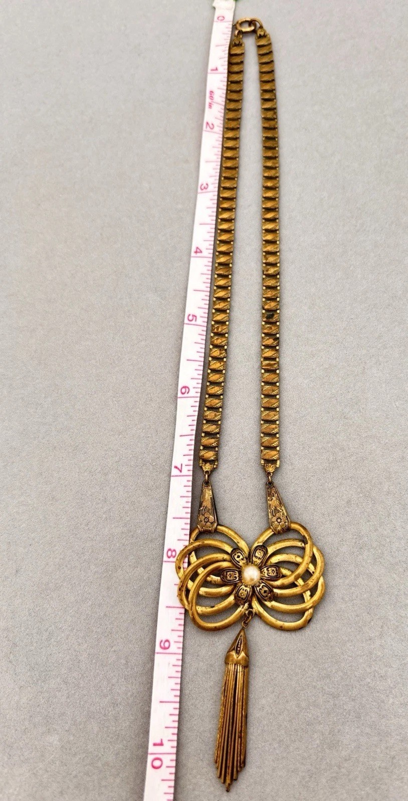 Antique Book Chain Gold Tone Necklace Floral Etched Bow Articulated Pendant