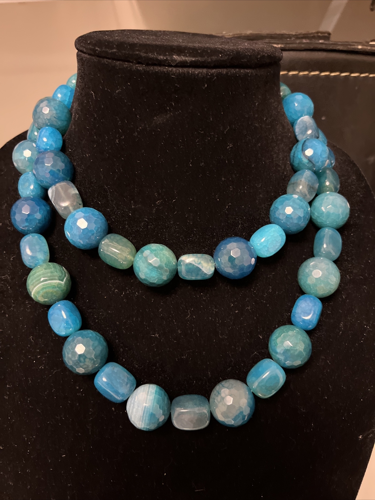NATURAL BLUE ROUND FACETED MINERAL STONE BEADS NECKLACE AGATE BEADED HSN 314g