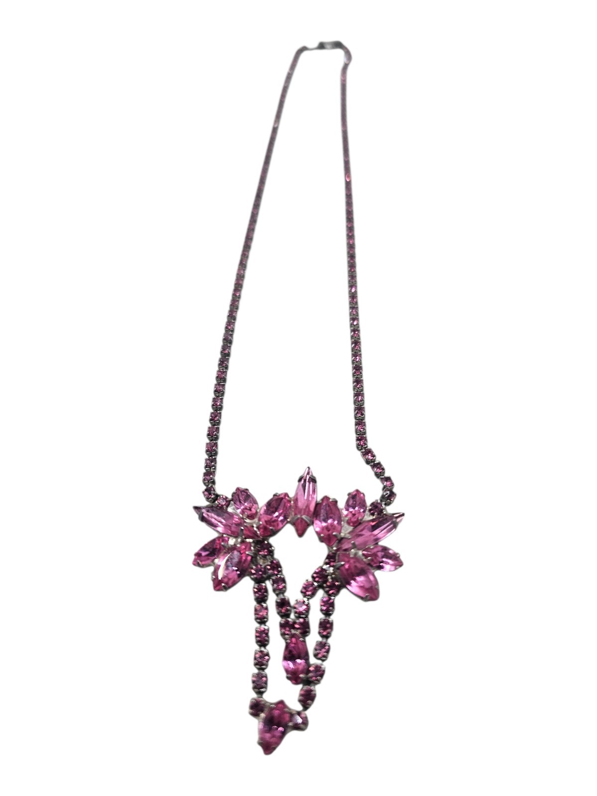Vintage Pink Purple Rhinestone Statement Necklace Floral Starburst Gunmetal