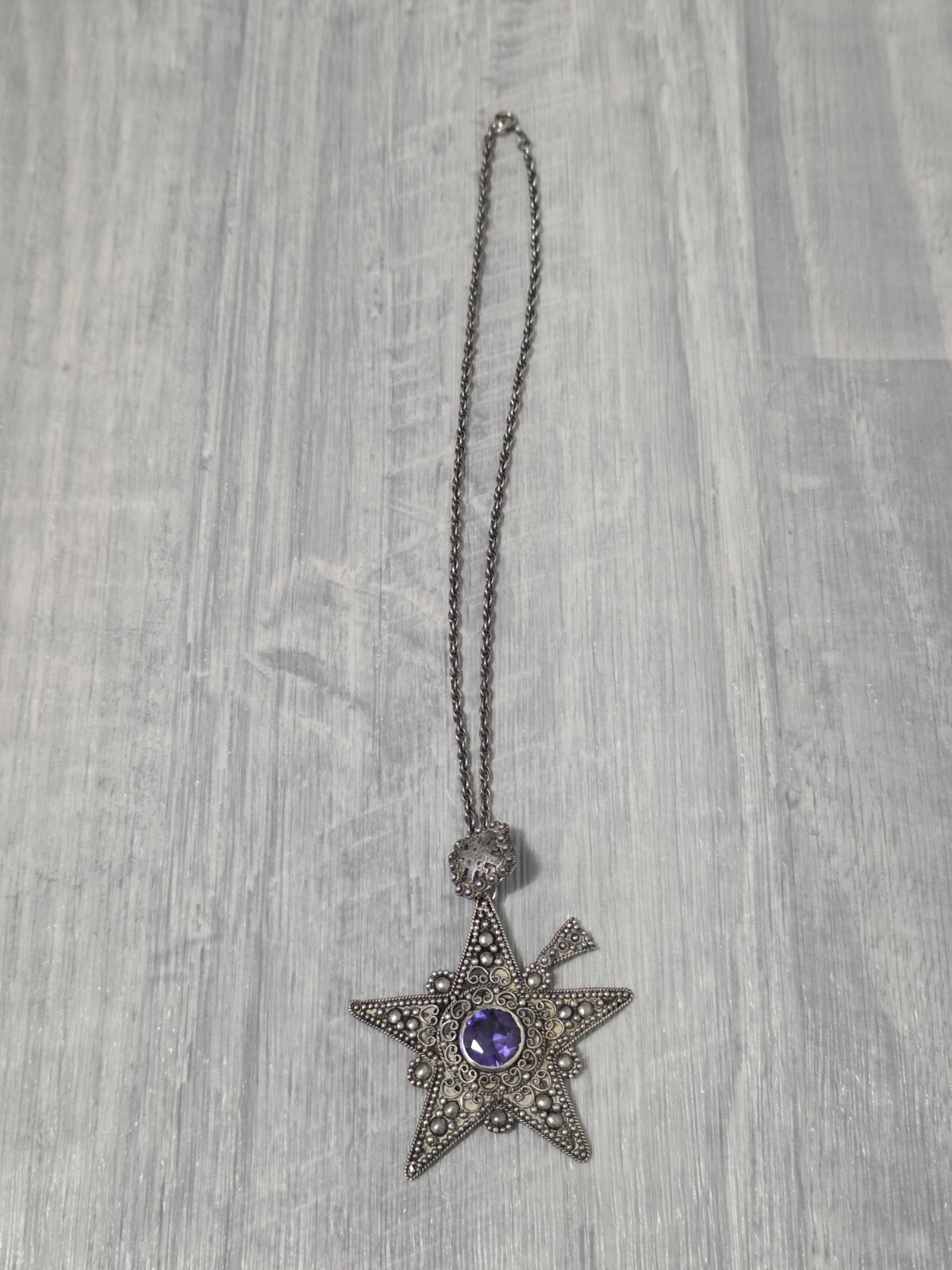 Vintage Jerusalem 980 Silver Star Pendant Necklace Amethyst Stone Antique Rare