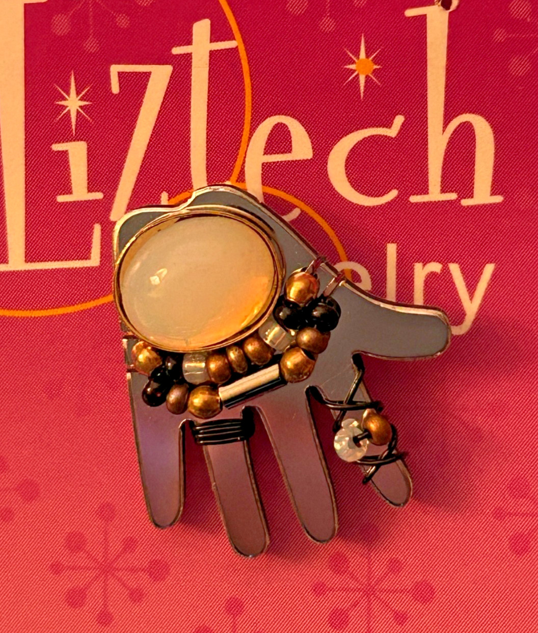2006 LIZTECH Hand Pin Brooch Beaded Wire Wrapped Signed with Story Card