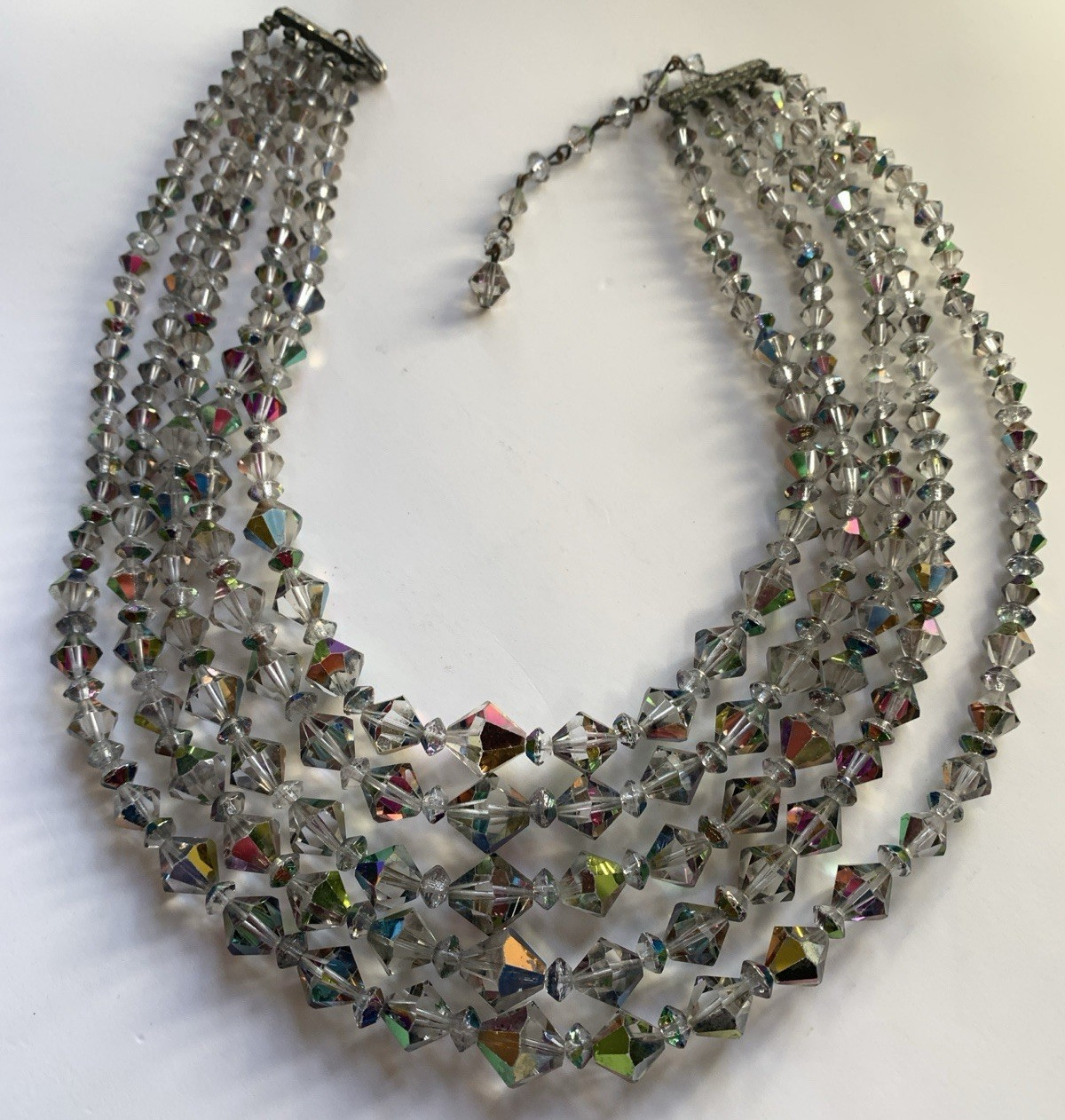 Aurora Borealis Multi Strand Collar Necklace Glass Beaded Bicone AB Silver Vtg