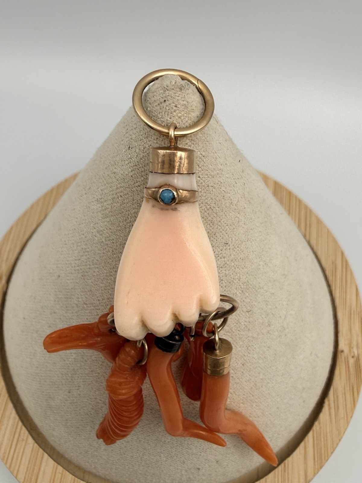 Antique Ca 1830-70s Angle Skin /Orange Coral Hand Figa & Charm Pendant Gold