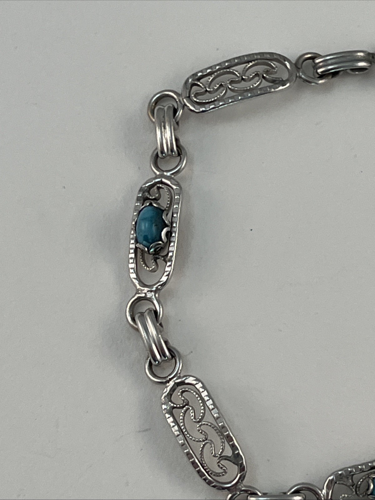 1/20 12K GF White Gold Filled Faux Blue Turquoise Link Bracelet 7 1/4″