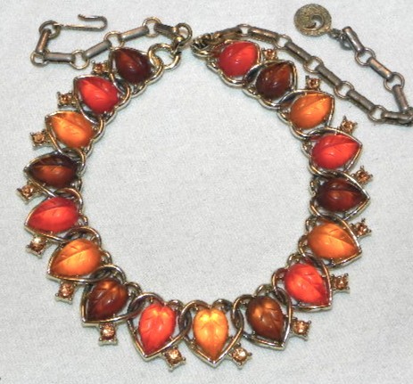 Vintage Lisner Topaz Orange Molded Leaf Rhinestone 14-16″ Choker Necklace