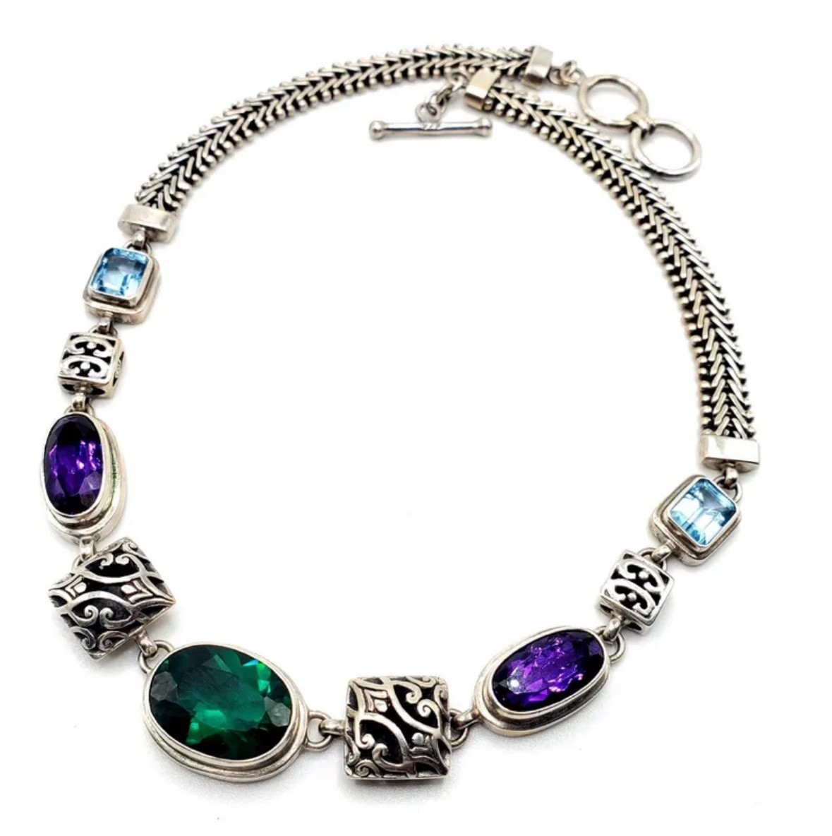Vintage Sterling Silver Green,Purple,Blue Glass Double Cable Toggle Necklace