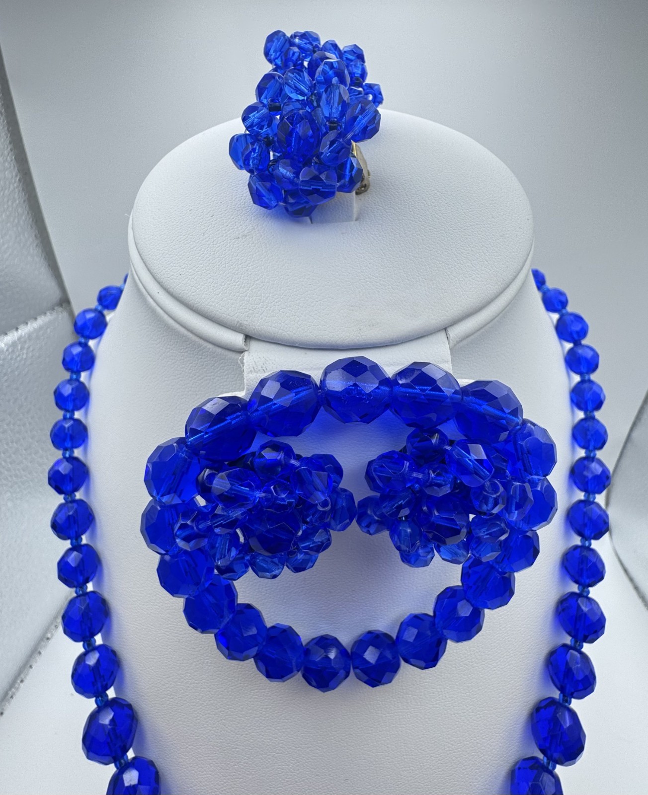 VTG Blue Glass Bead Necklace Bracelet Pierced and Clip On Earrings Set