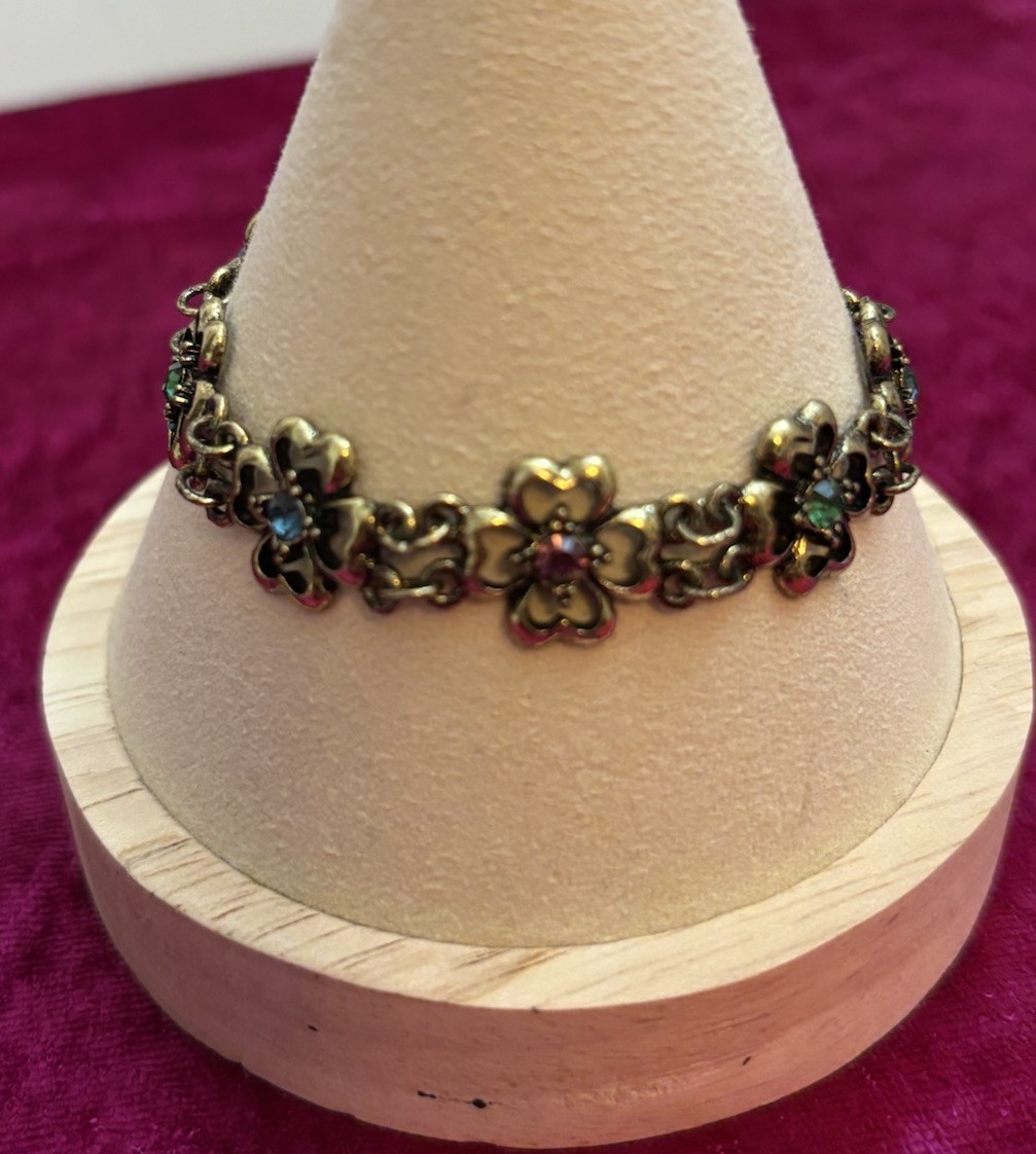 Bronze Tone Floral Shaped Link Rhinestones Bracelet 7.5