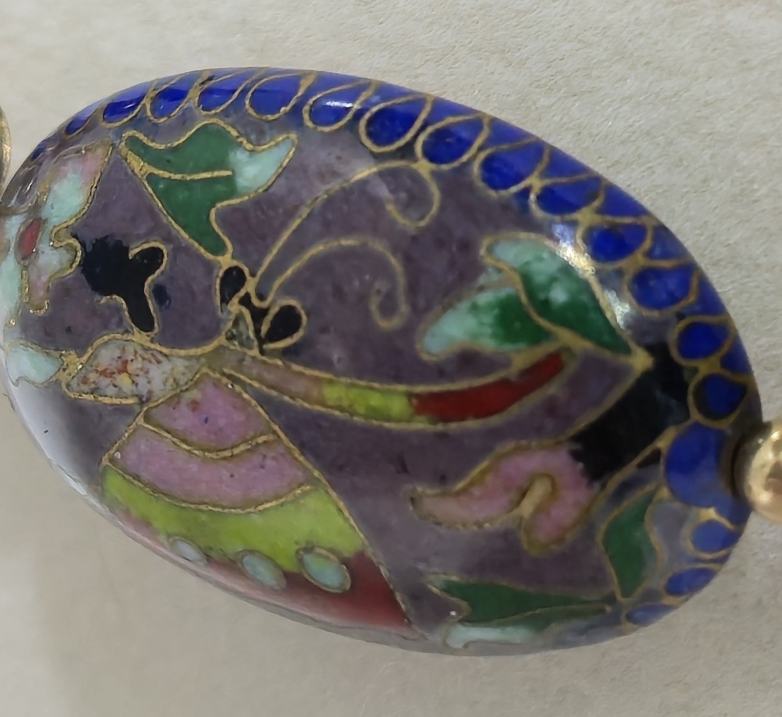 Dragon Vein Agate Bead W/ Cloisonne Enamel Pendant Necklace 18″ Sterling Clasp