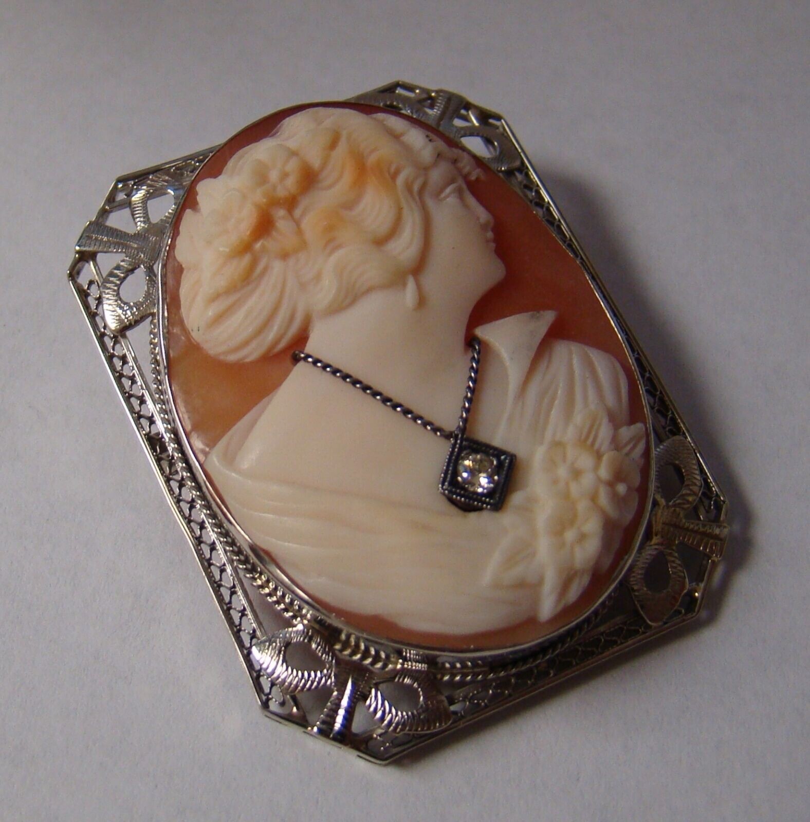 Antique Art Deco 14K White Gold Diamond Cameo Pin Brooch/Pendant 9.8g 39x30mm