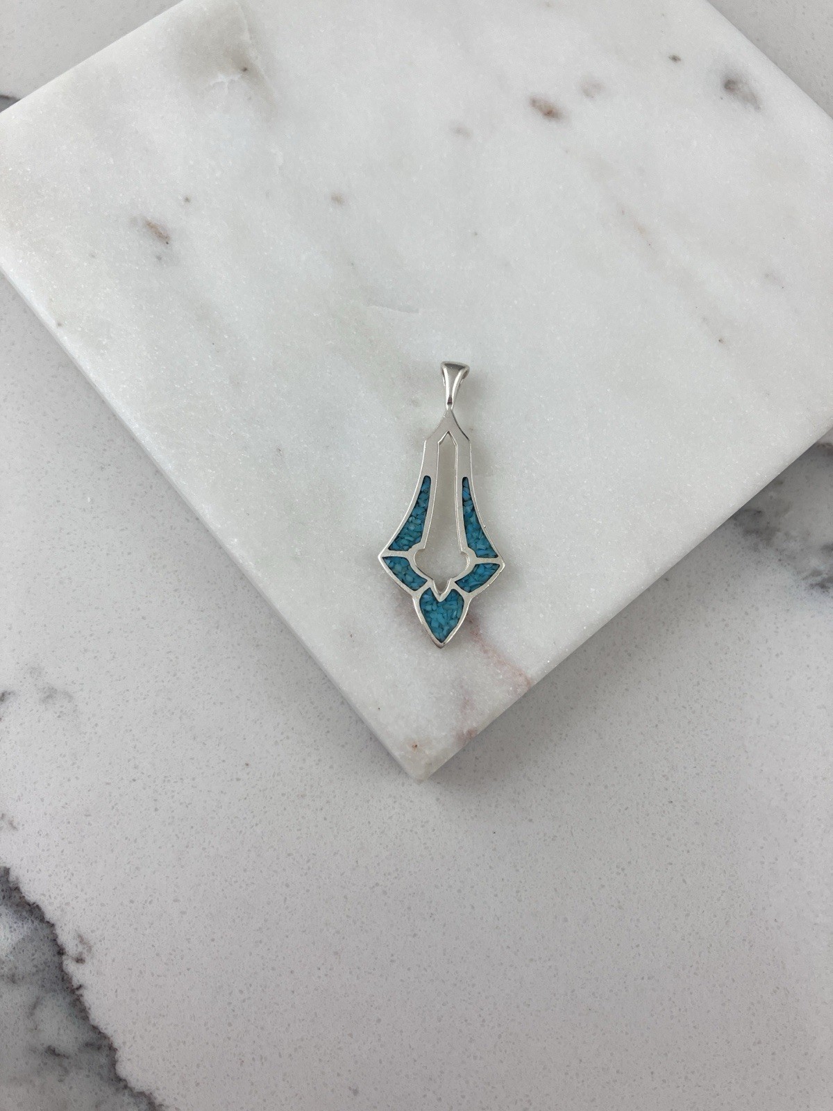 Vintage 925 Sterling Silver Blue Turquoise Chip Inlay Minimal Pendant