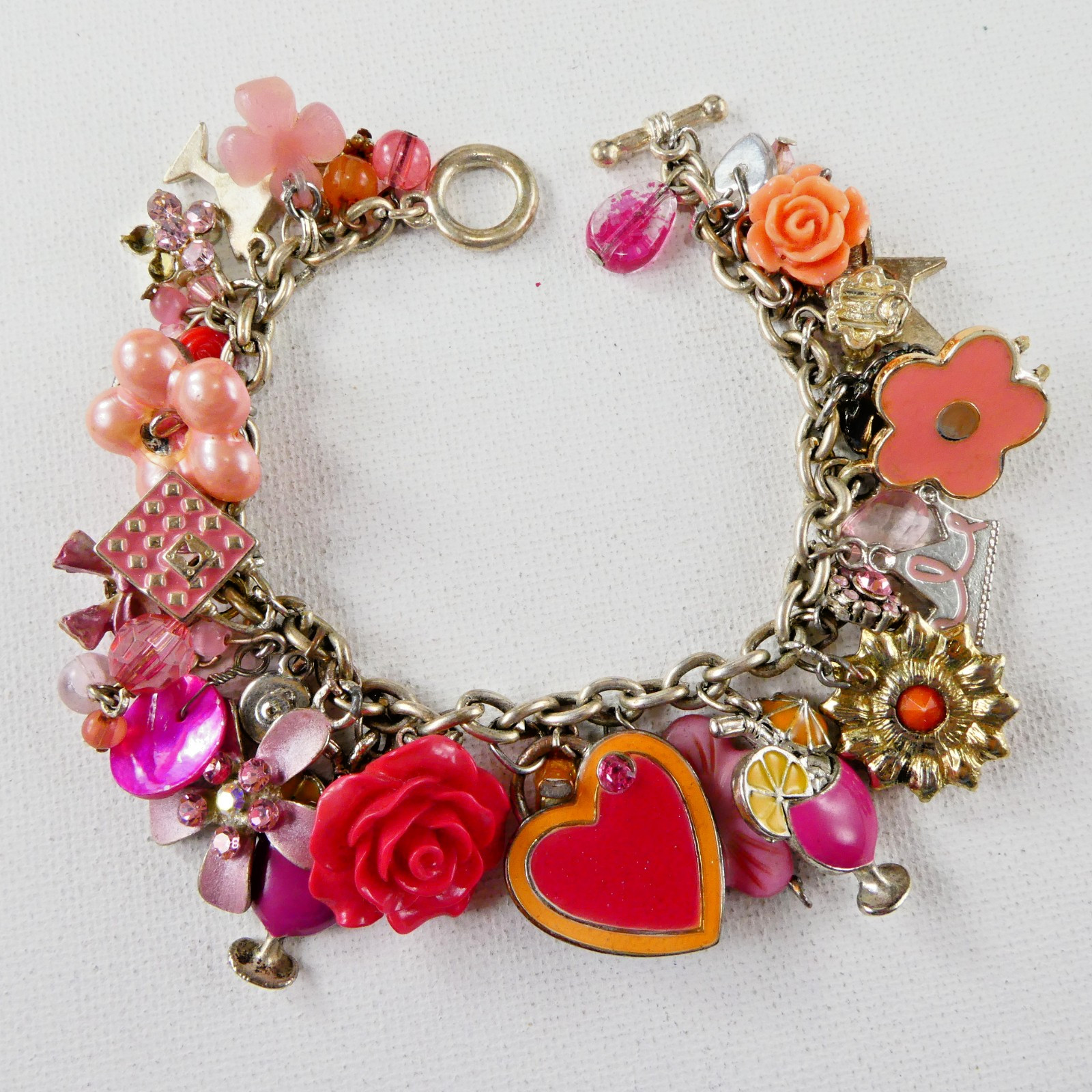 Vintage PINK Flower Charm Bracelet Floral Hearts Enamel Rhinestones Toggle Clasp