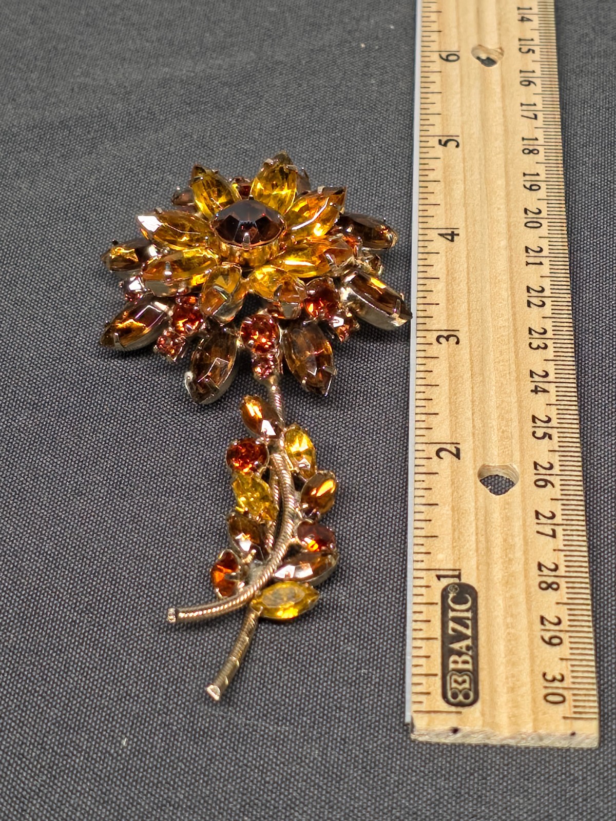 Vtg Tiered Amber Topaz Rhinestone Flower Brooch 4.25″ Large Stem Pin Foil Back