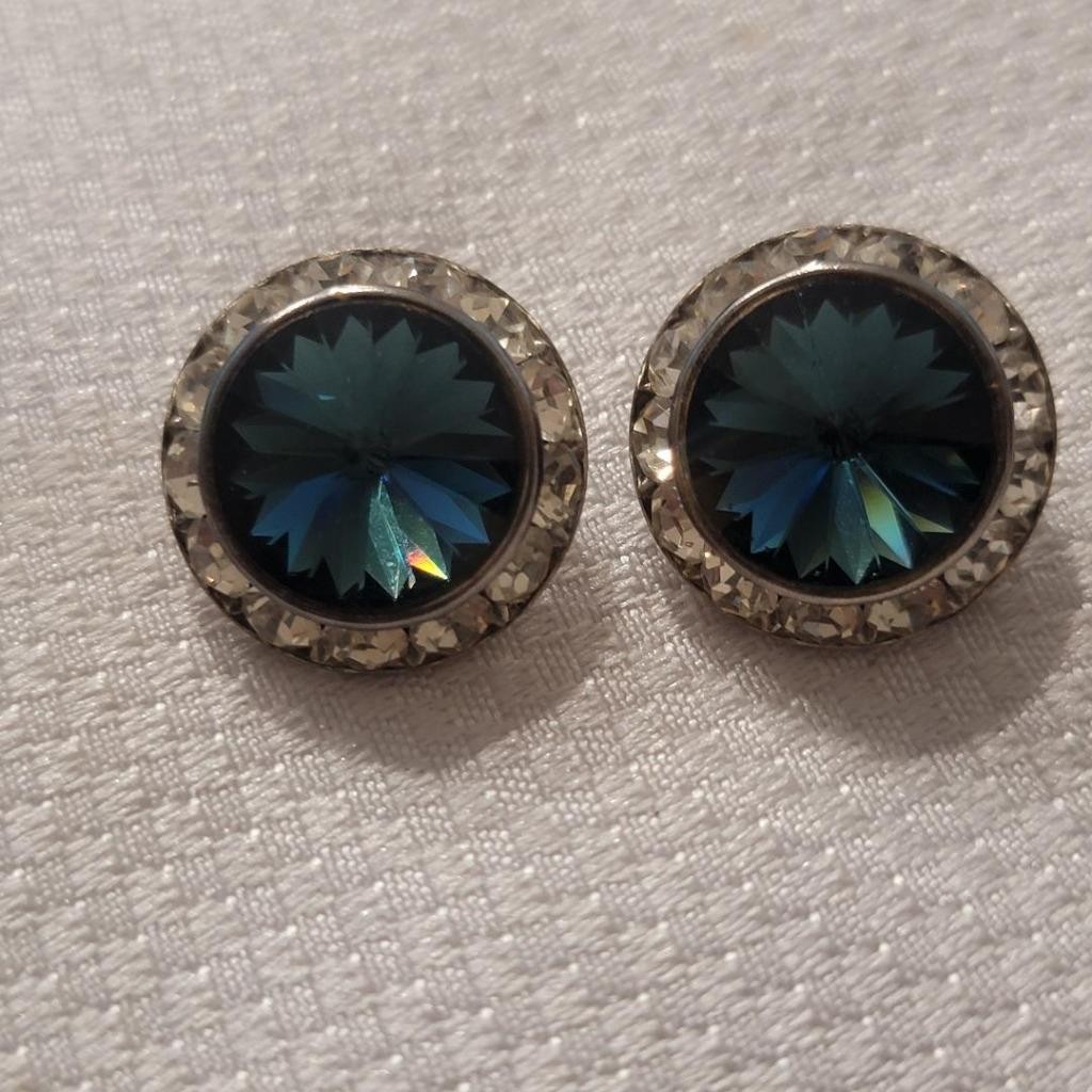 Vintage Blue Rivoli Volcano and Clear Rhinestone Clip Earrings
