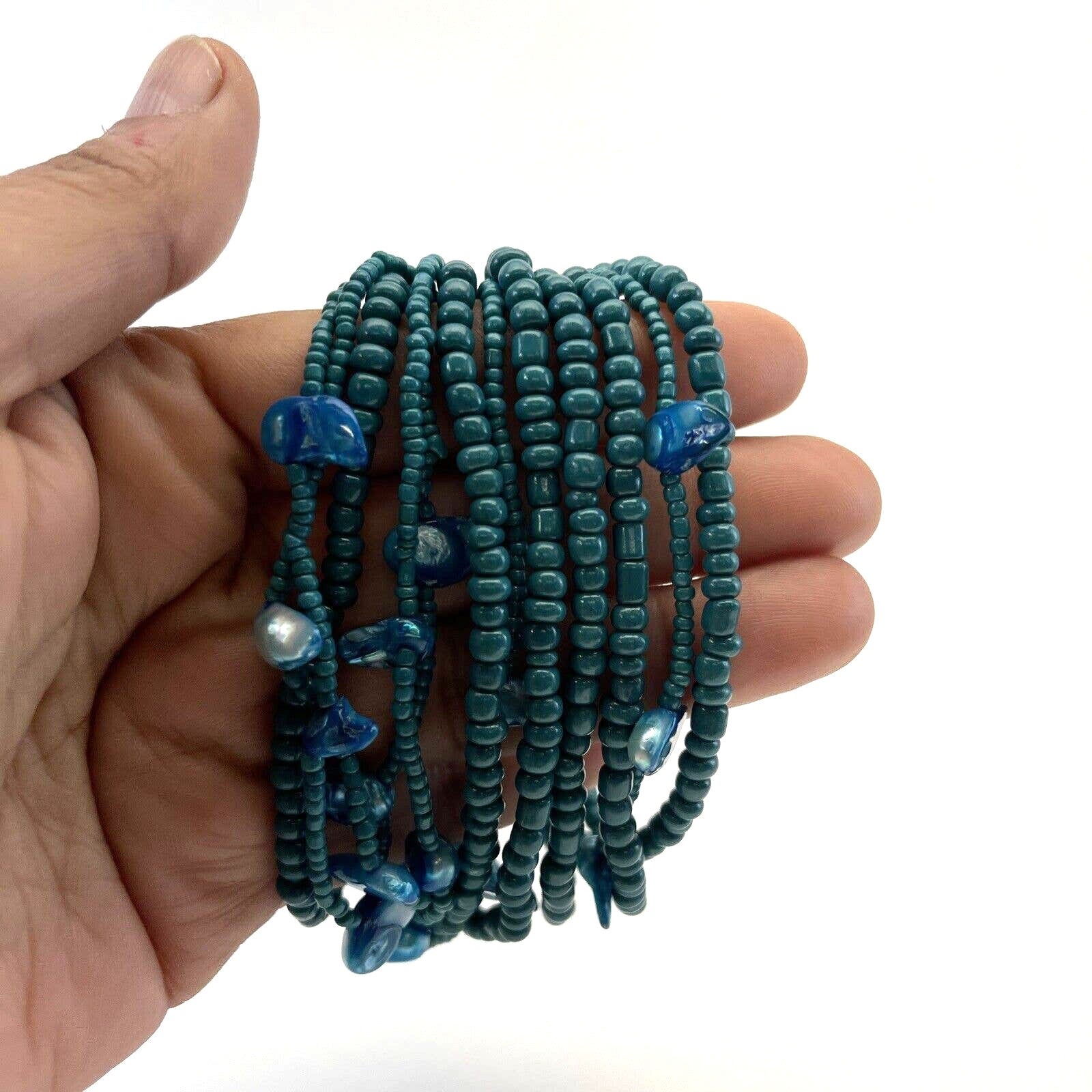 Vintage Stretch Bracelet Blue Turquoise Small Chip Mother of Pearl Wide B#8