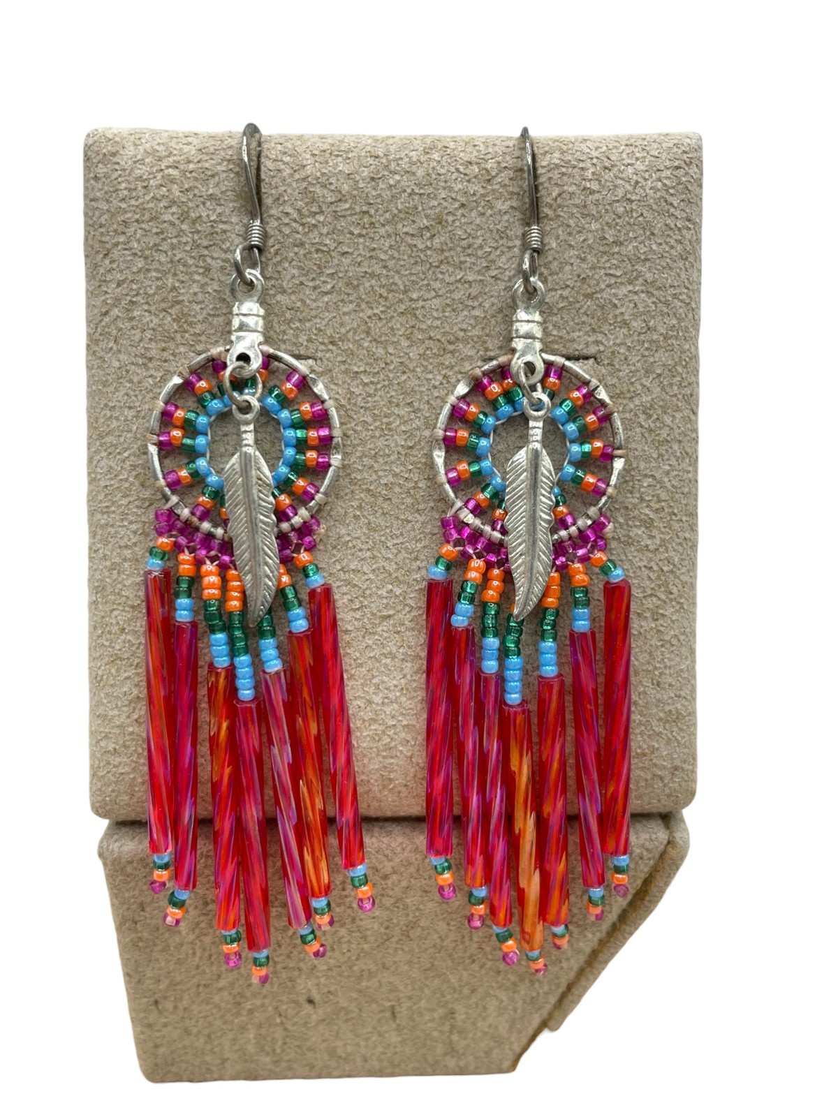 VTG Seed Bead Native dream catcher fringe dangle hook earrings Boho Western 3″