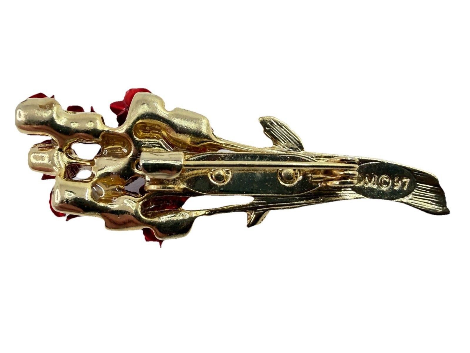 Vintage Red Enamel Rose Brooch Gold Tone Floral Bouquet Pin Romantic Cottagecore