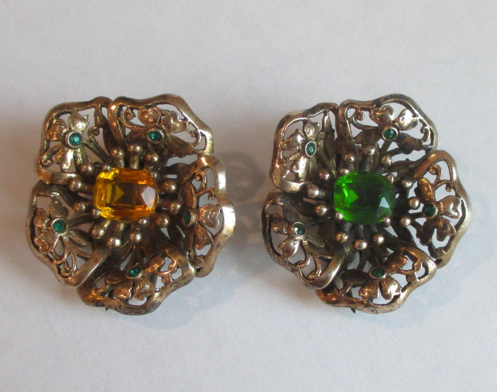 PAIR VINTAGE STERLING SILVER RHINESTONE FUR CLIP BROOCH GOLD WASH FLOWER LOT
