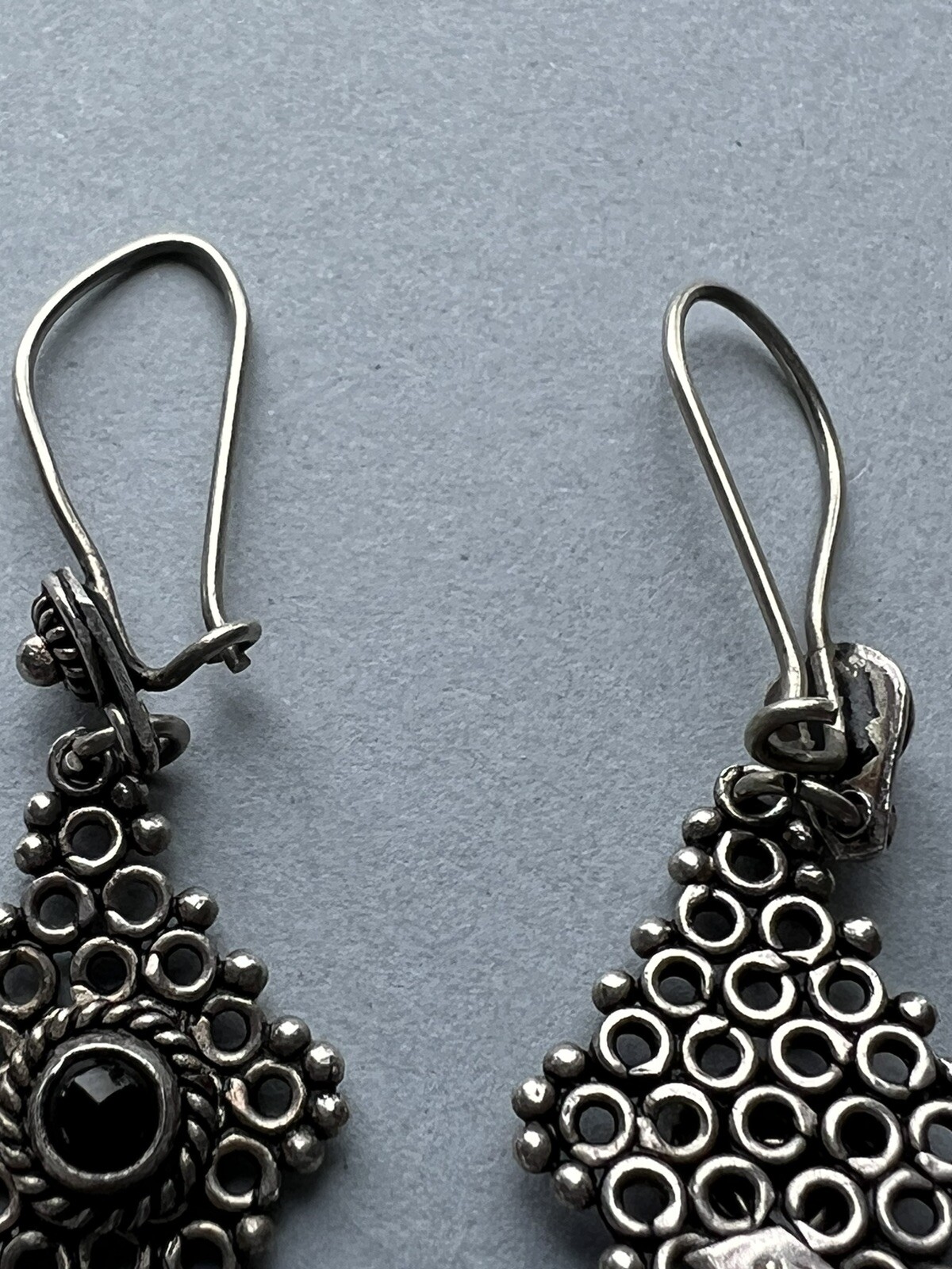 Vintage 925 sterling silver Lozenge Shape dangle Silver earrings with Round onyx