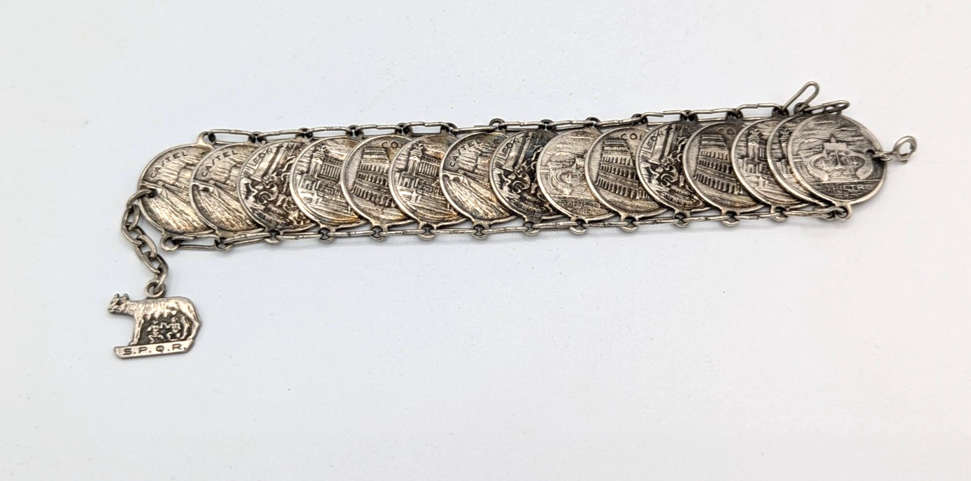Roman Souvenir Silver link Coin Bracelet Rome Tourist SPQR Romulus & Remus 1960