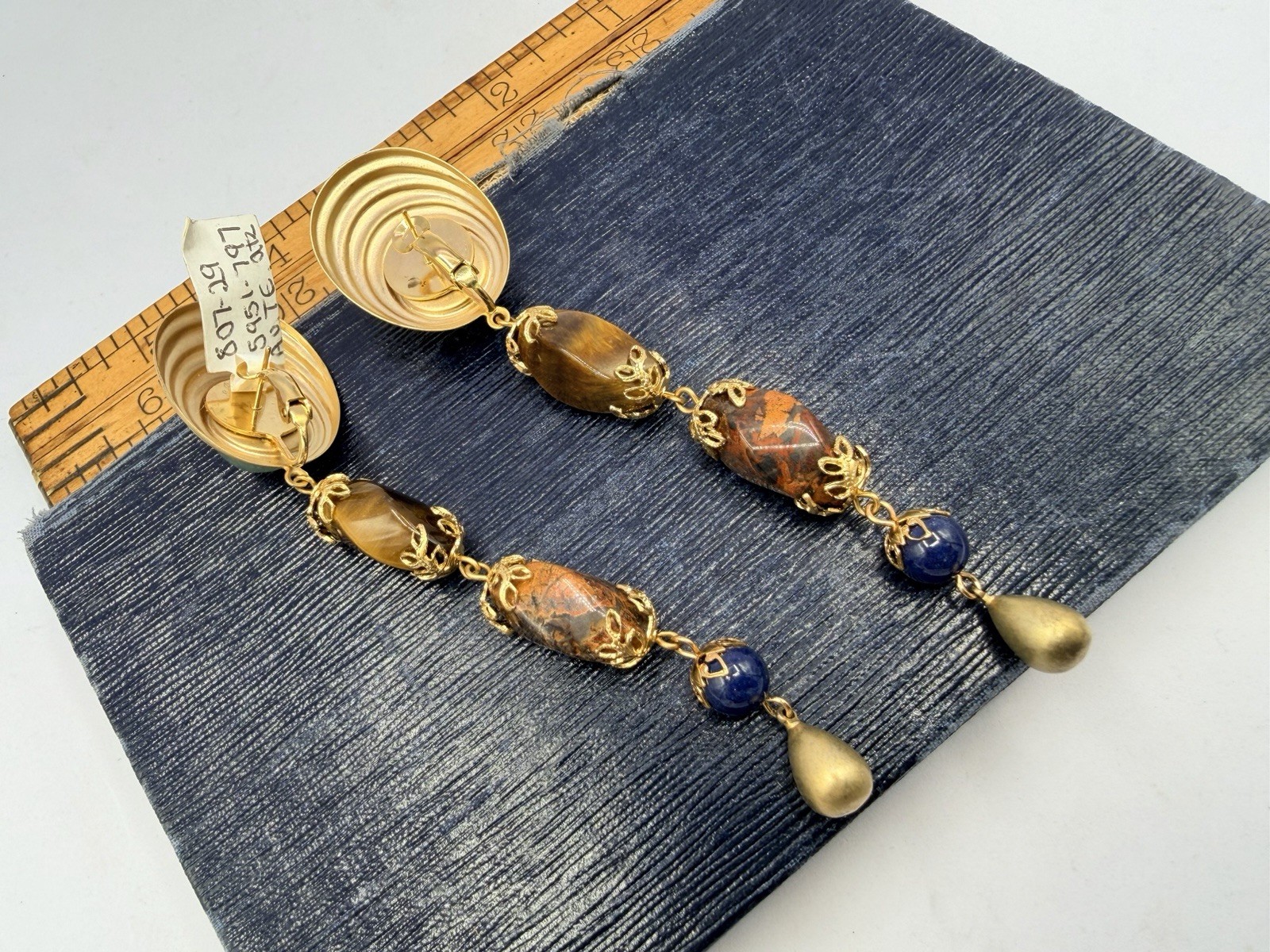 Vintage Gold Green Red Brown Long Gemstone Bead Dangle Earrings RO-DO NOS PY