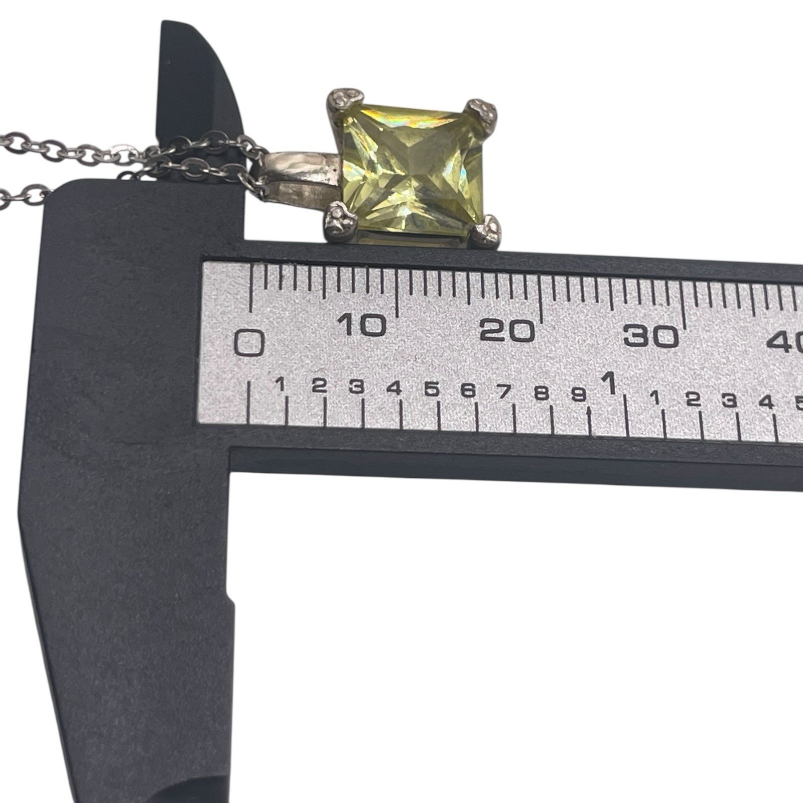 Vintage 925 Sterling Square Yellow Faceted Citrine CZ Pendant Necklace, 18″