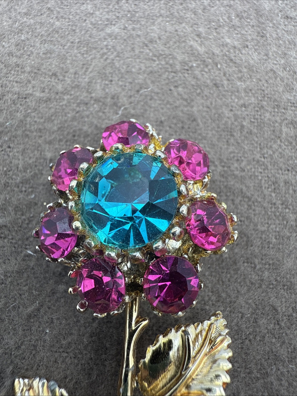 Vintage Figural Fucshia Pink and Teal Green Rhinestone Brooch Pin Gold Tone