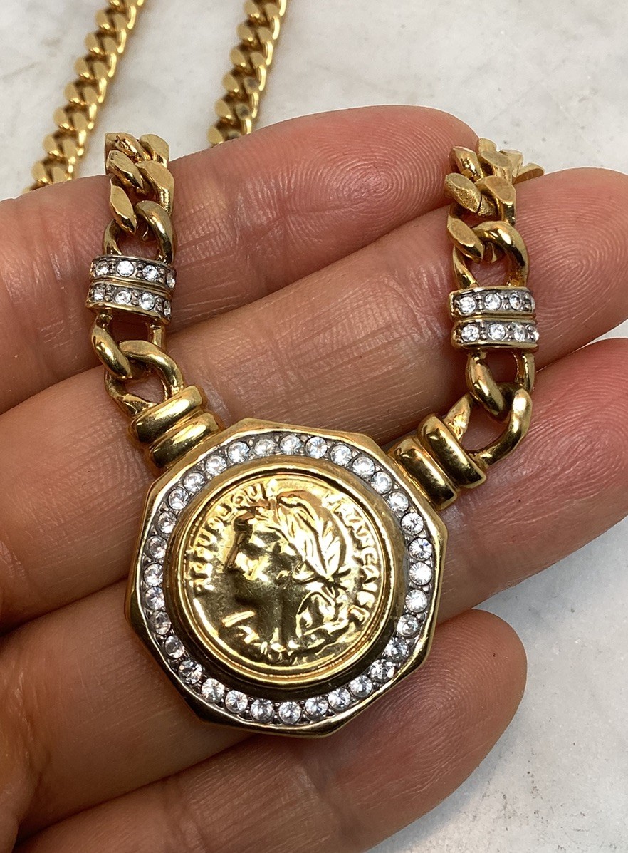 Vintage Gold Tone Roman Coin Rhinestone Pendant Curb Link Chain Necklace