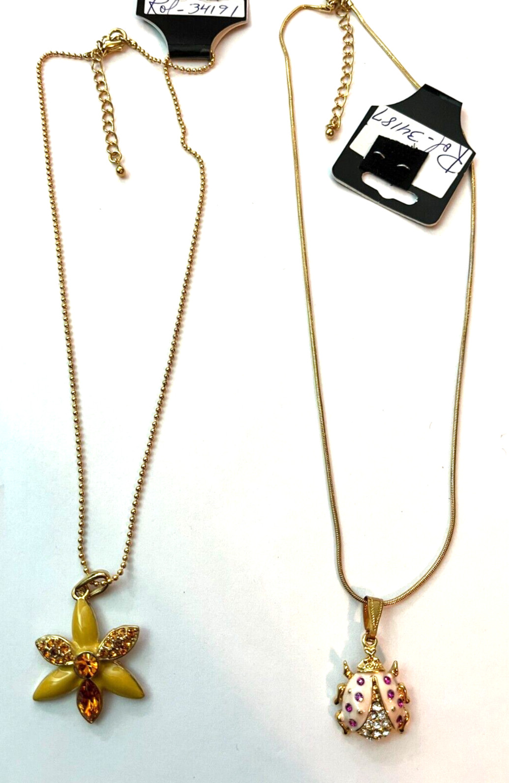 VTG New Salesman’s Samples Gold Tone Necklaces with Enamel & Rhinestone Pendants