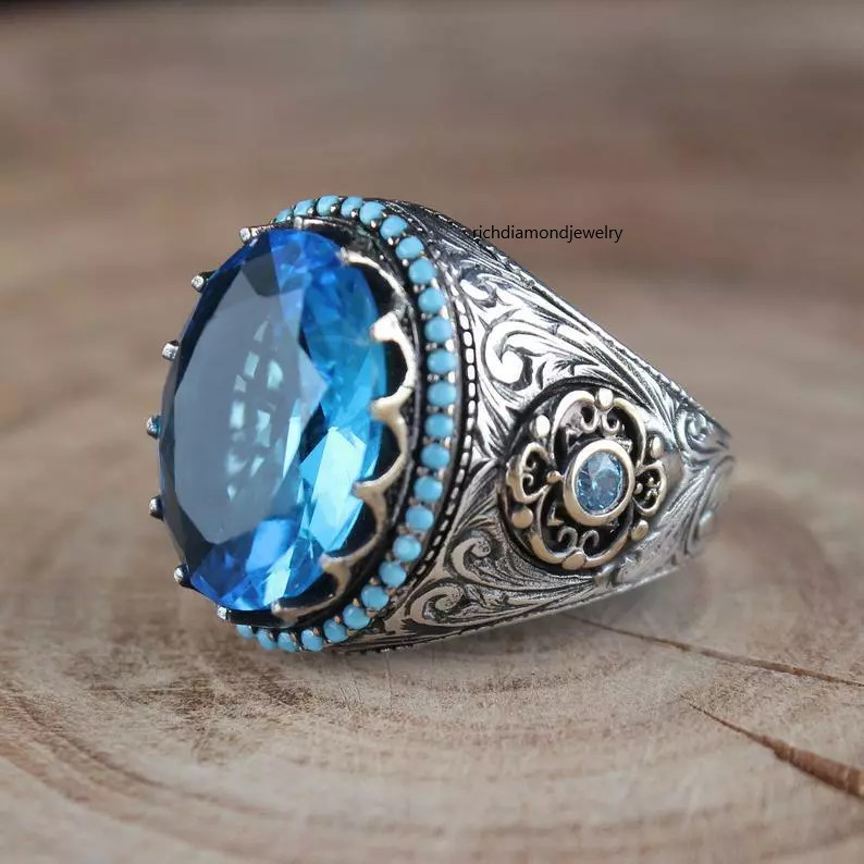 Beautiful Transparent London Blue Topaz With Blue Opal Magnificent Men’s Ring