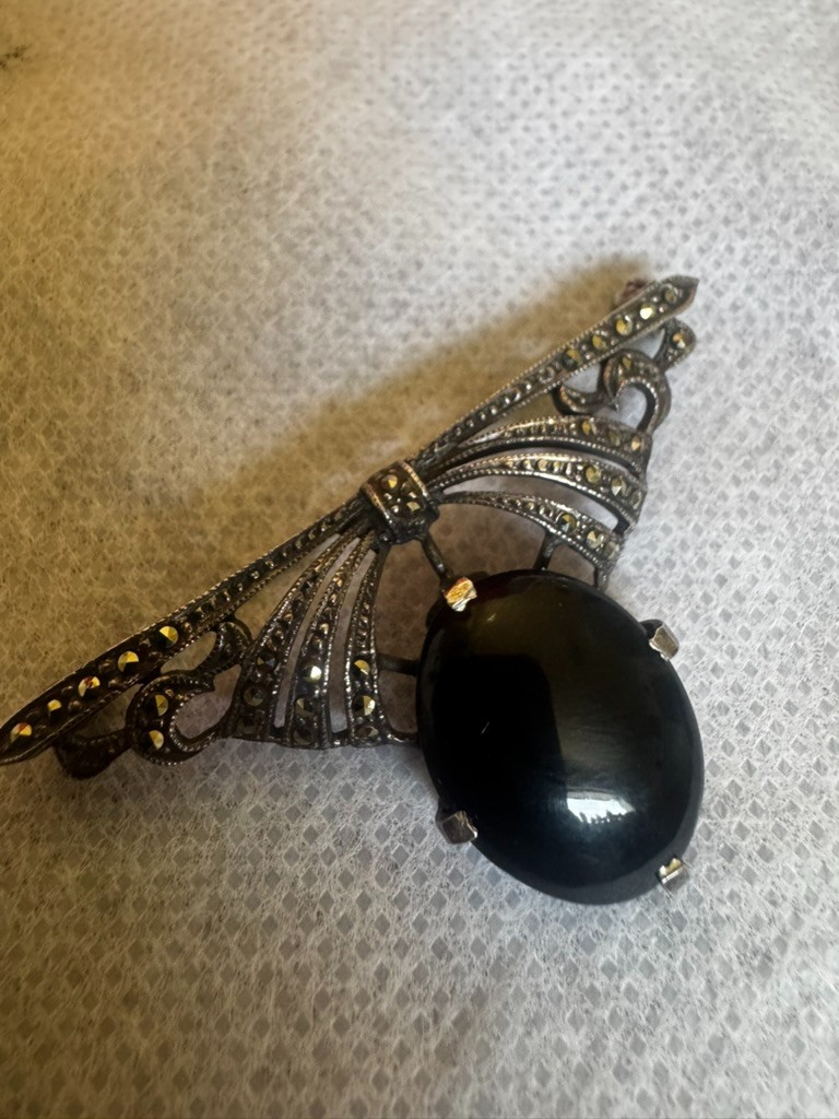 Amazing Art Deco Sterling Silver Marcasite Onyx Pin Brooch