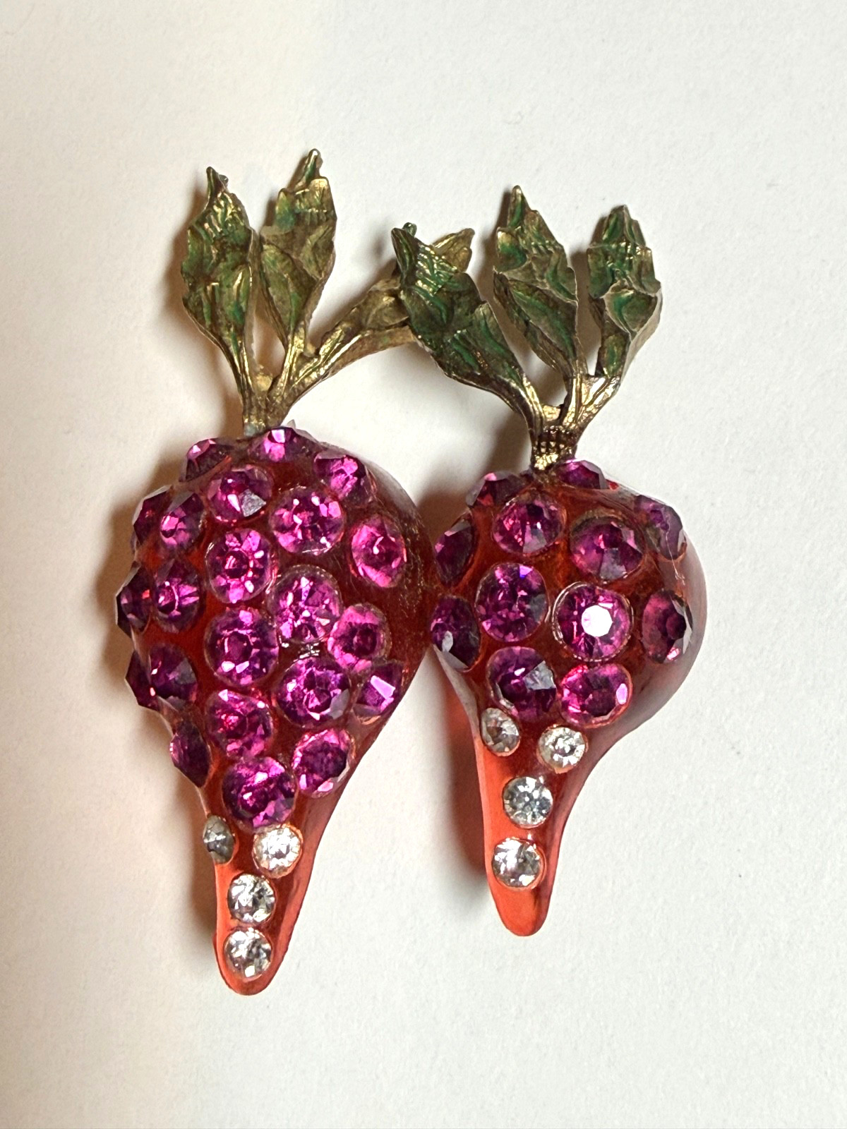 Vintage Forbidden Fruit radish brooch RARE lucite hot pink rhinestones enameled