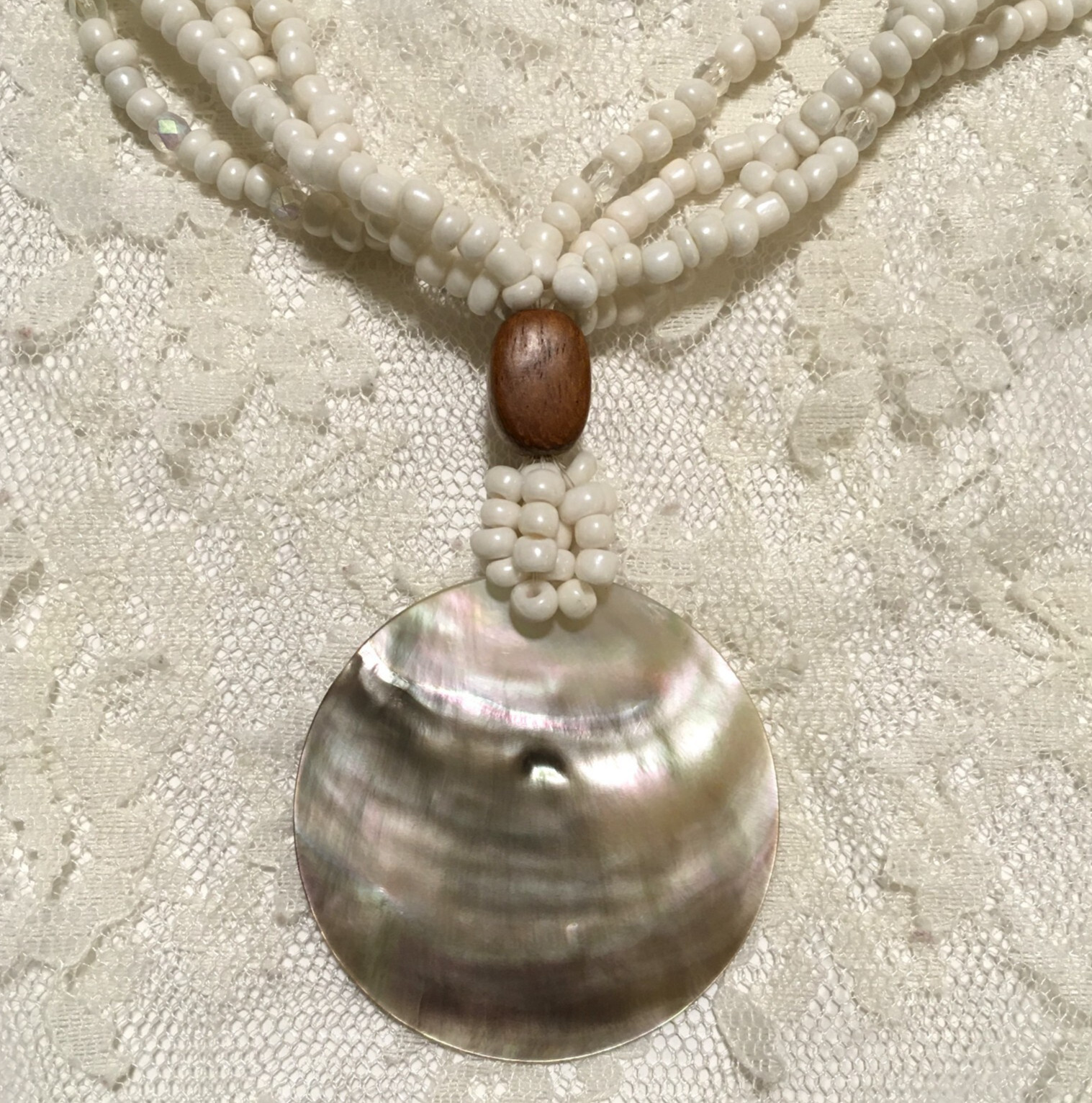 Vintage Avon Mother of Pearl Pendant Necklace White Beads Boho Beachy Statement
