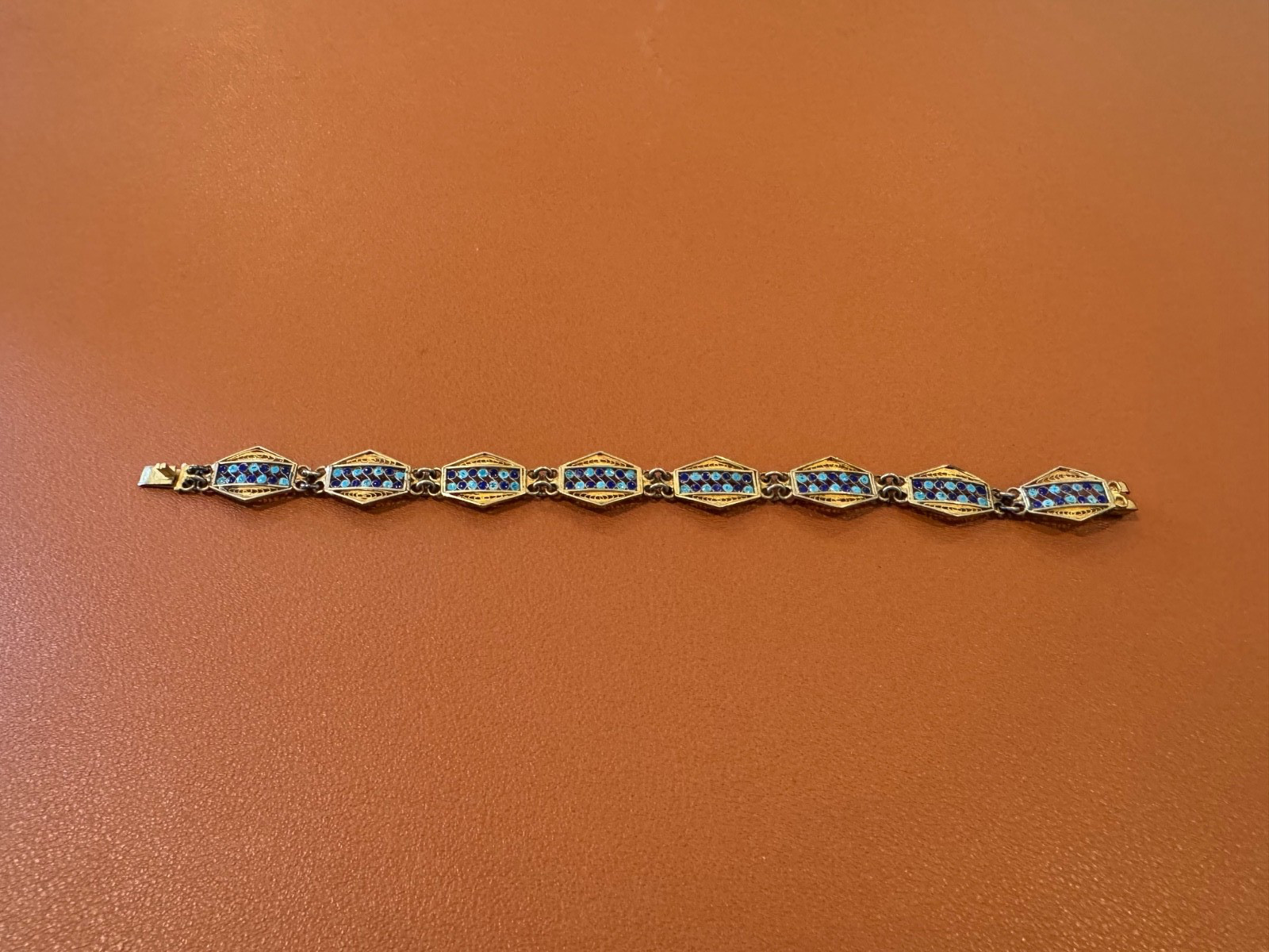Vtg Antique 800 Silver Filigree Design Blue Enamel Bracelet w/ Gold Wash