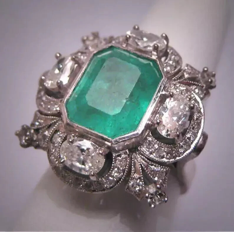 3 Ct Emerald Vintage Art Deco Five Stone Cocktail Wedding Ring 14K White Gold FN