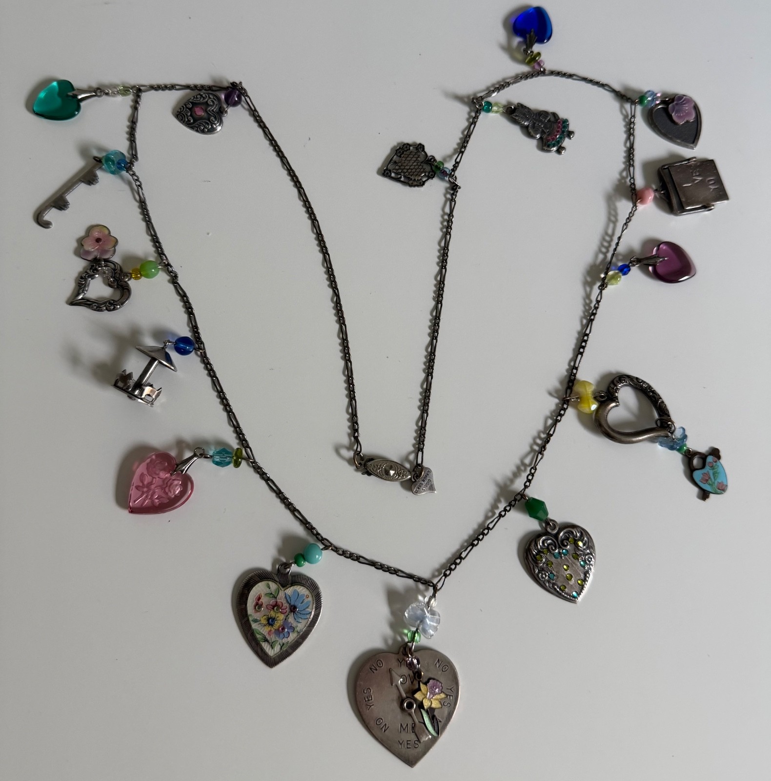 Vintage Glass Works Studio 32″ Multi Charm Necklace Love Me Spinner I Love You G
