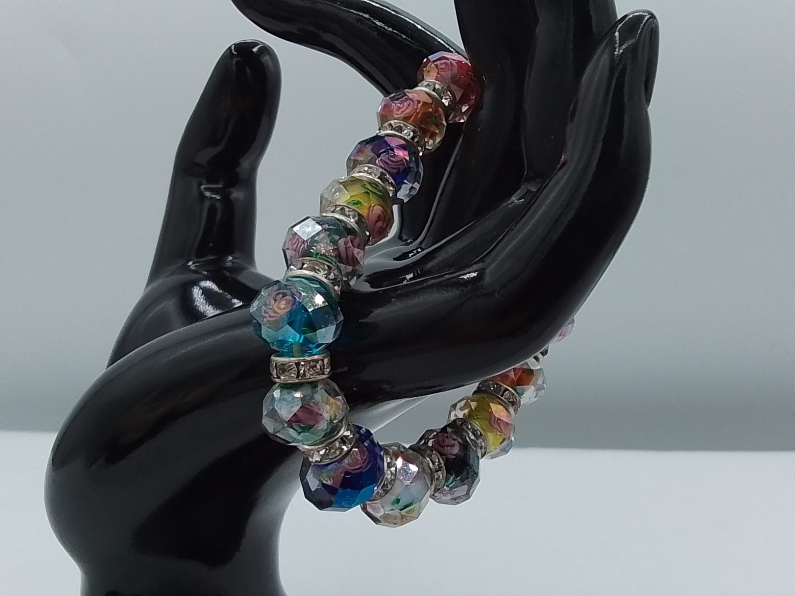 GLASS FACETED BEADED MILLEFIORI STRETCH BRACELET ROSE FLORAL AURORA BOREALIS VTG