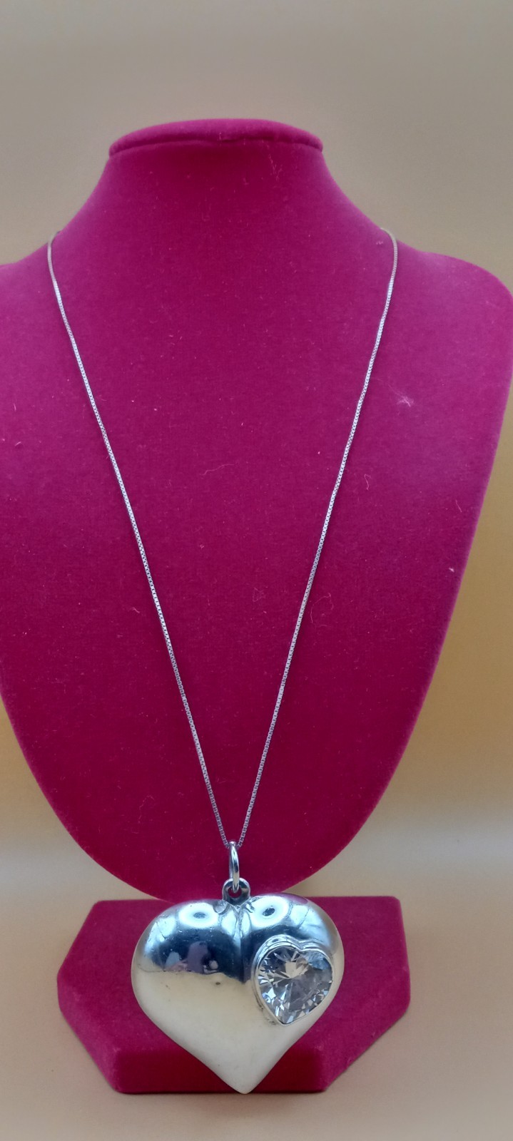 Vintage Sterling Silver 20in Box Necklace W/big Puff Heart W/big Cubic Zirconia