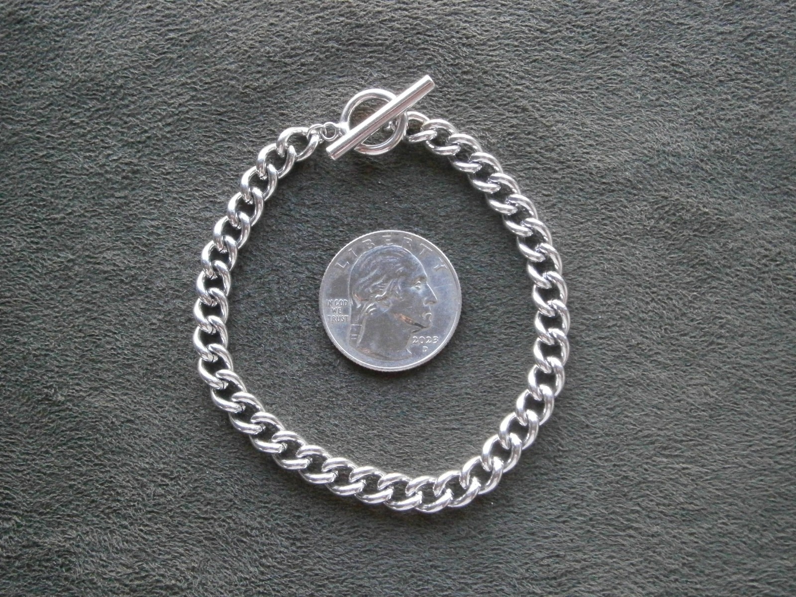 SU Curb Chain Link Vintage Shiny Silvertone Toggle T-Bar Bracelet 7.25″ ~ 14.8g