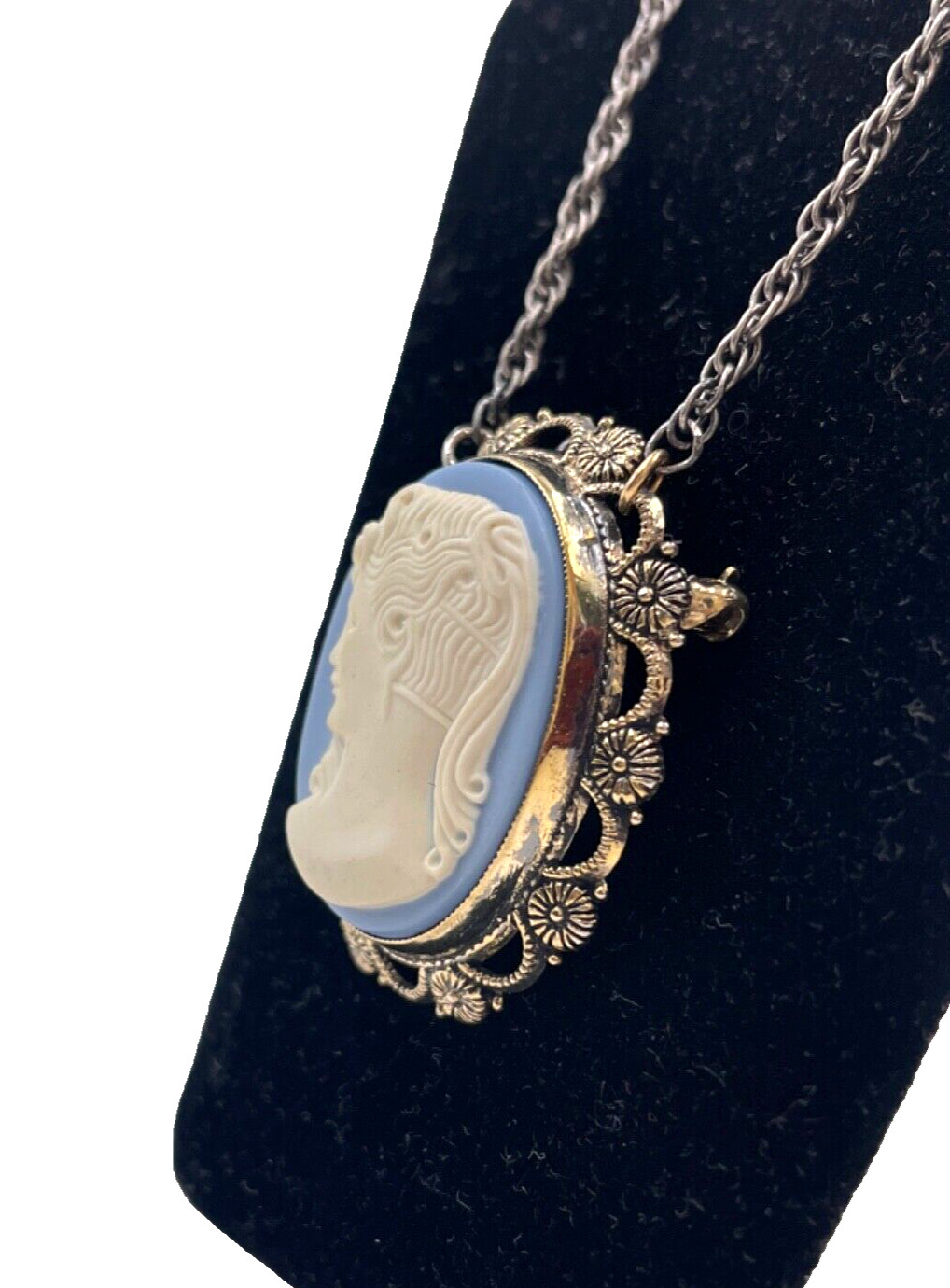 SET DEMI-PARURE BRACELET BROOCH PENDANT CHAIN CAMEO BLU PORCELAIN STERLING SLVER