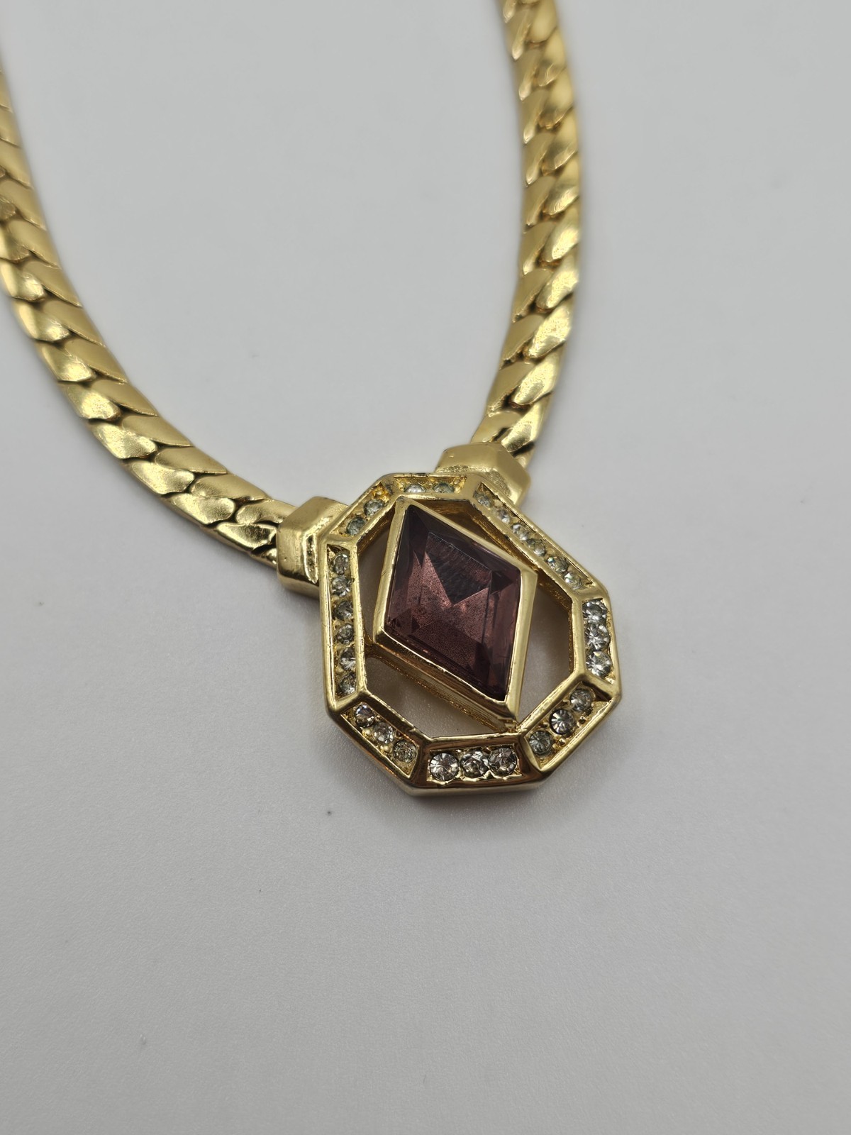 Vintage Christian Dior Gold Tone Necklace w/Purple Lozenge Cut Stone