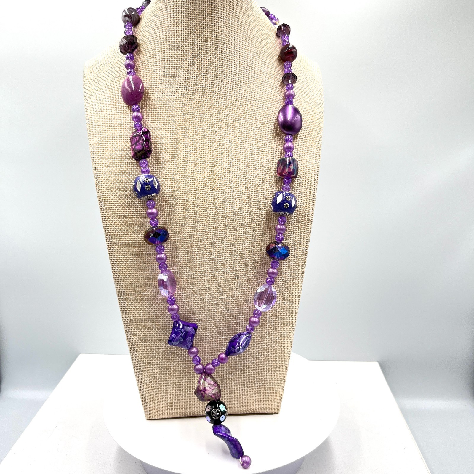 Vintage Retro Purple Multi-Stone Beaded Necklace Mixed Media Art Deco Style