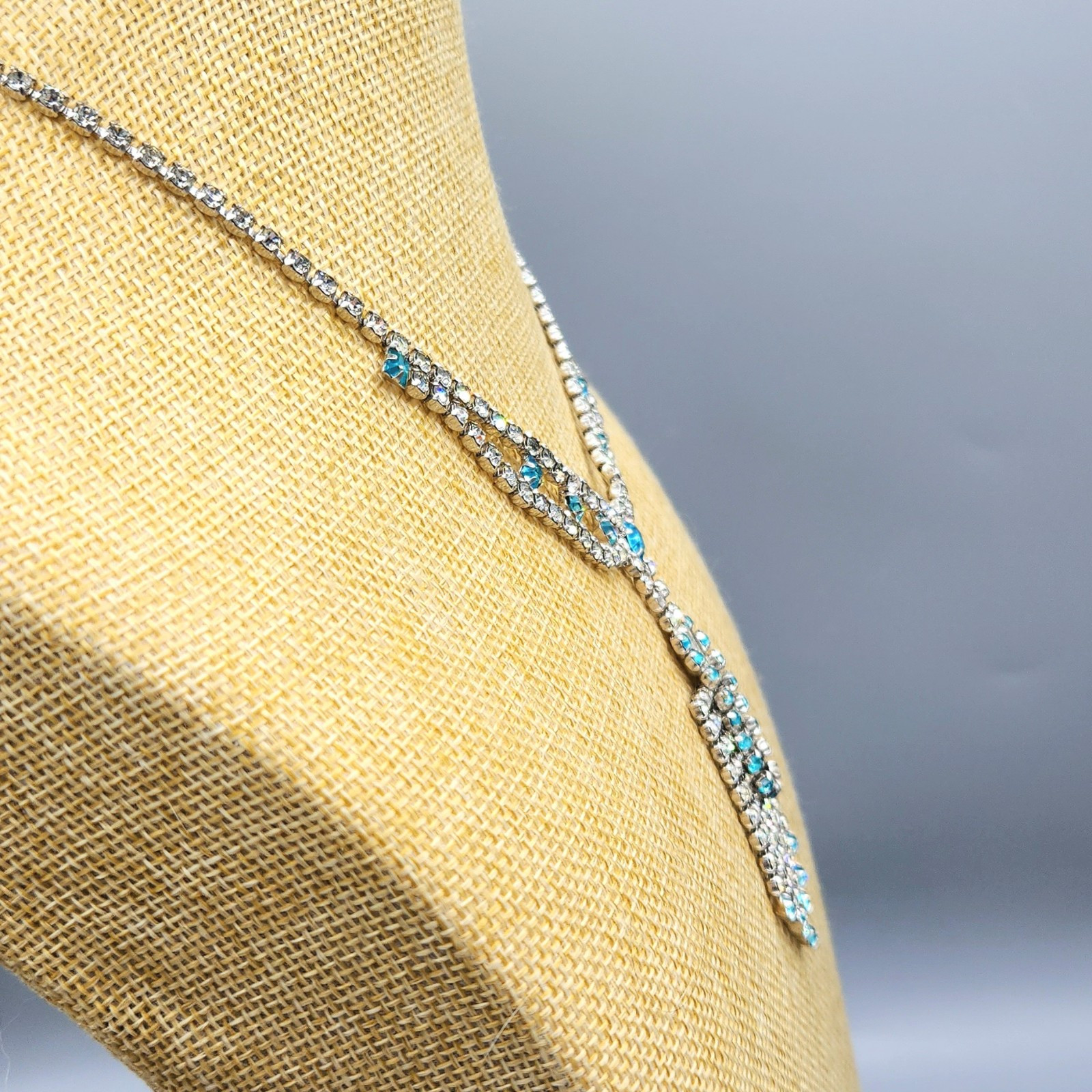 Retro Aqua Light Blue Square Rhinestone Crystal Lavalier Drippy Necklace 16″