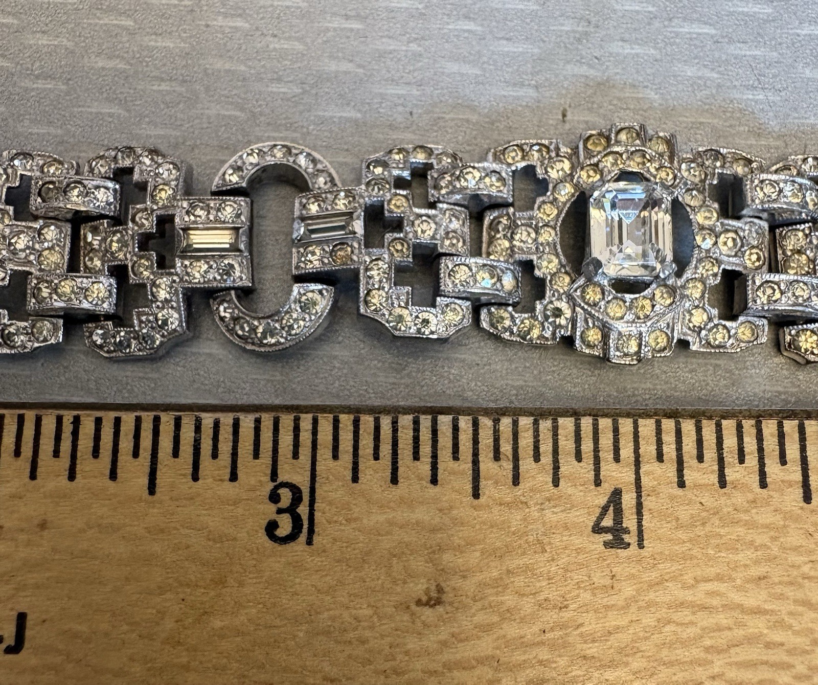 30s Art Deco Rhinestone Bracelet Baguettes Emerald Cut Crystal Pot Metal 7″