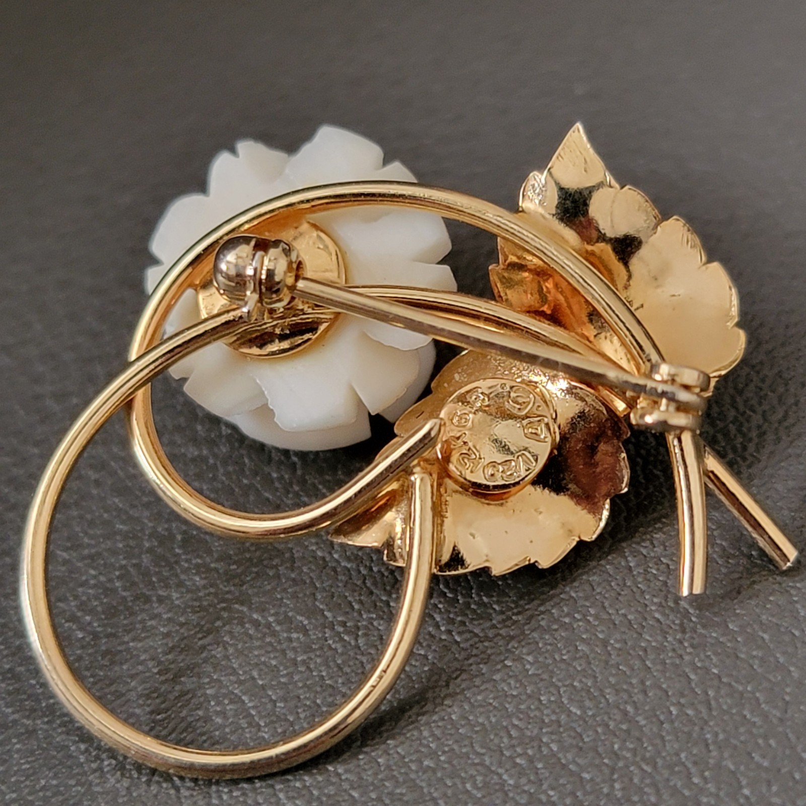 Vintage 1/20 12K Gold Filled Carved Rose Flower Leaf Brooch Pin Signed GF AC