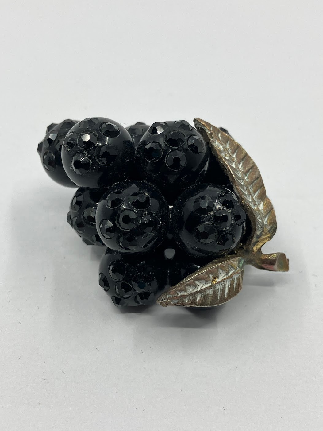 Vintage Forbidden Fruit Brooch Black Grape Cluster Lucite Rhinestones Pin