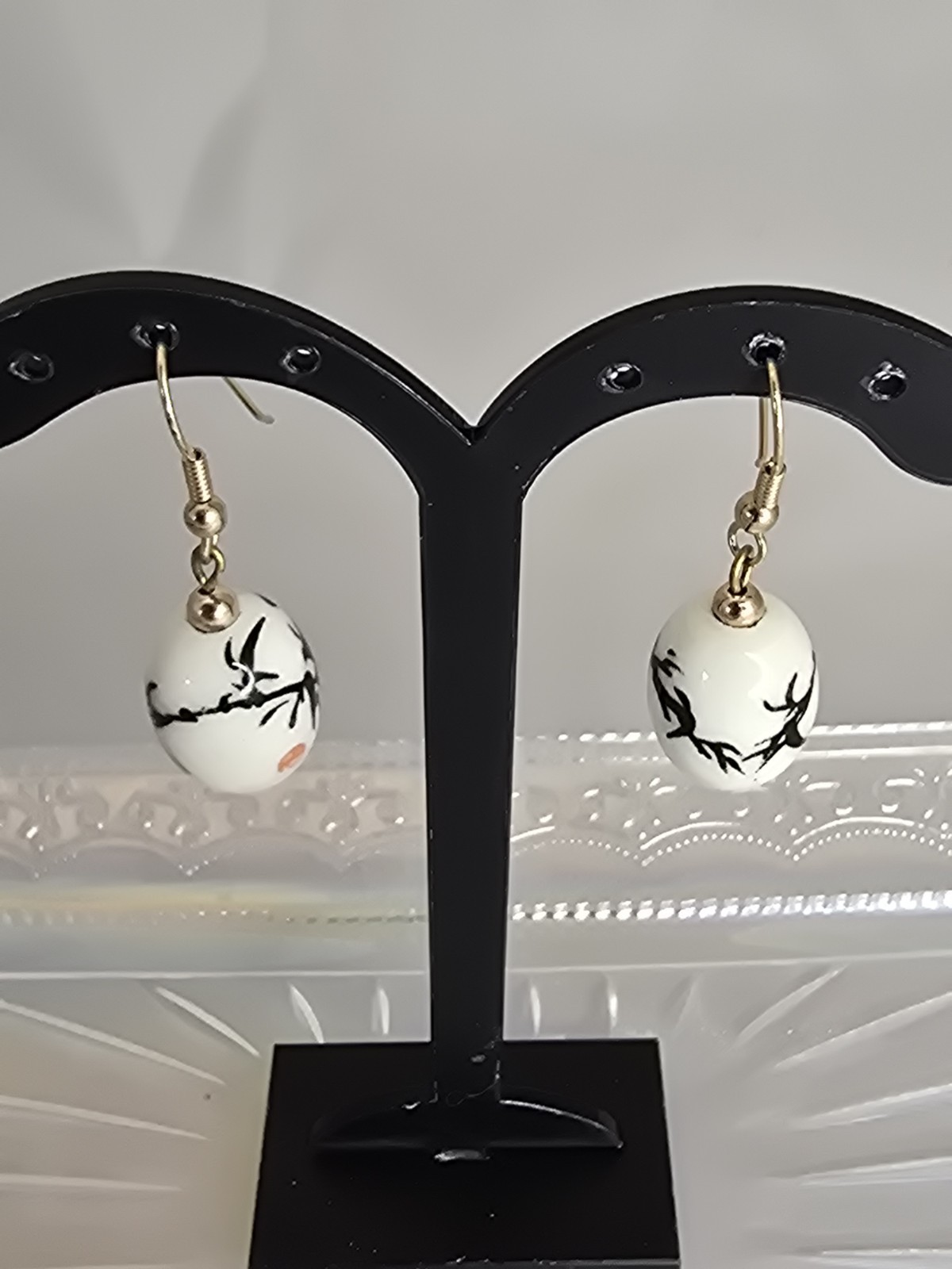 Earrings White Porcelain Bamboo Dangle Earrings Asian Inspired Gold Tone #1019