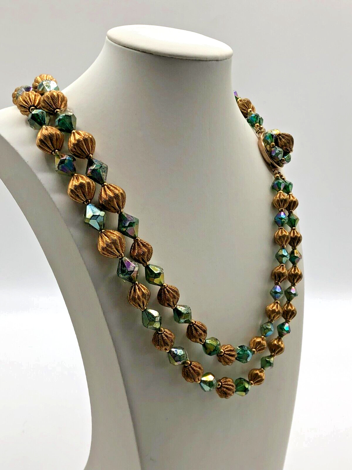 VTG 2 Strand Green AB & Gold Tone Bicone Bead Necklace MCM 1960s Estate