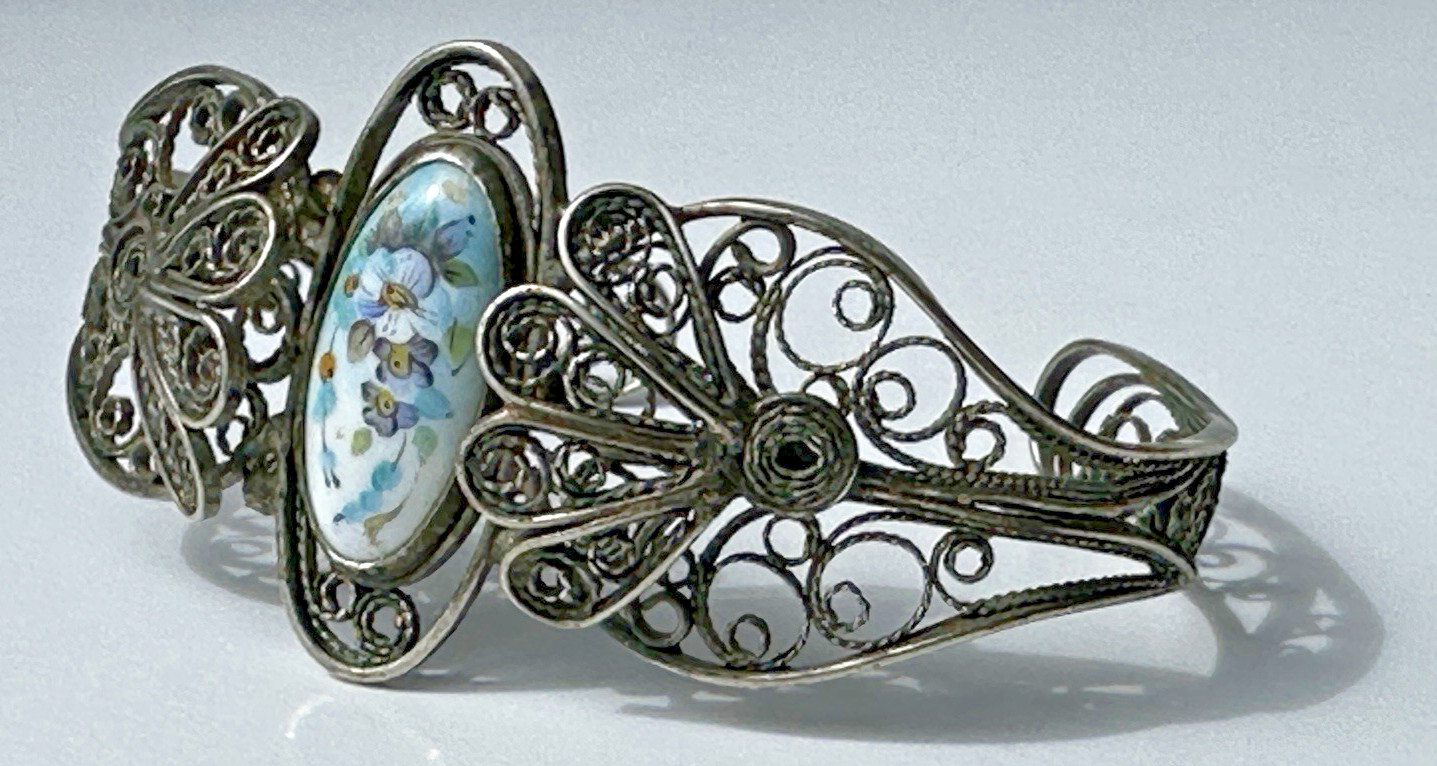 Vintage Painted Floral Motif Enamel Cuff Bracelet W/ Ornate Filigree